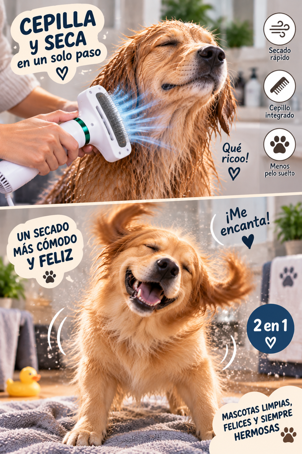 CEPILLO 2 EN 1                    ¡BAÑO, CEPILLADO Y SECADO EN UN SOLO MOMENTO!